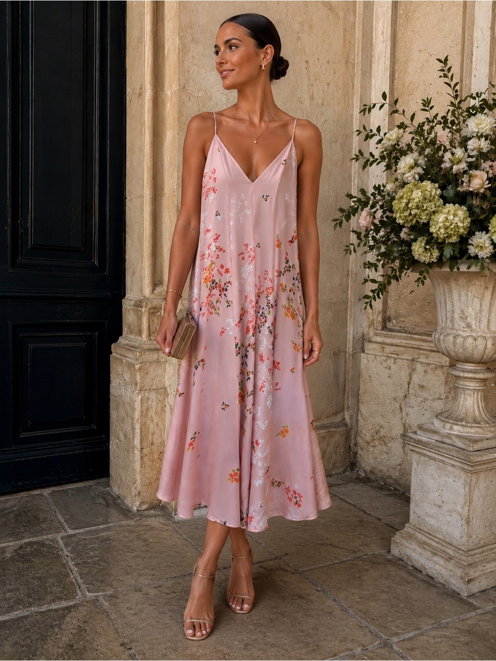 RESA x Revolve | Pink Floral Satin Slip Midi Dress - Size XS